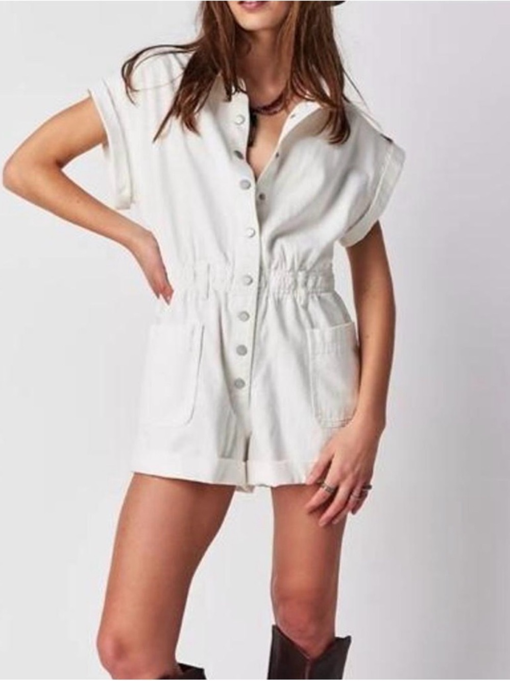 Zara White Short-Sleeve Button Front Romper